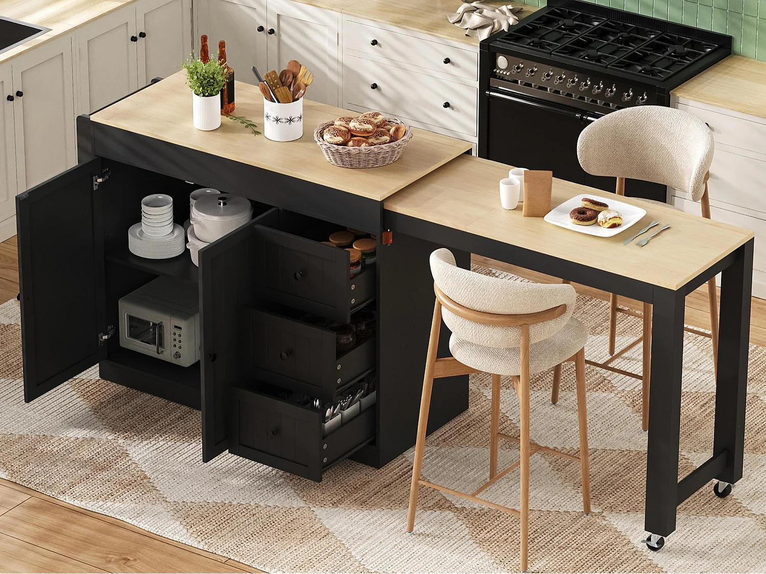 Zentrale Kücheninsel - ausziehbarer Esstisch - mit 1 USB-Anschluss und 1 Type-C-Anschluss - mit Gewürzregal und Rollen - Natur + Schwarz