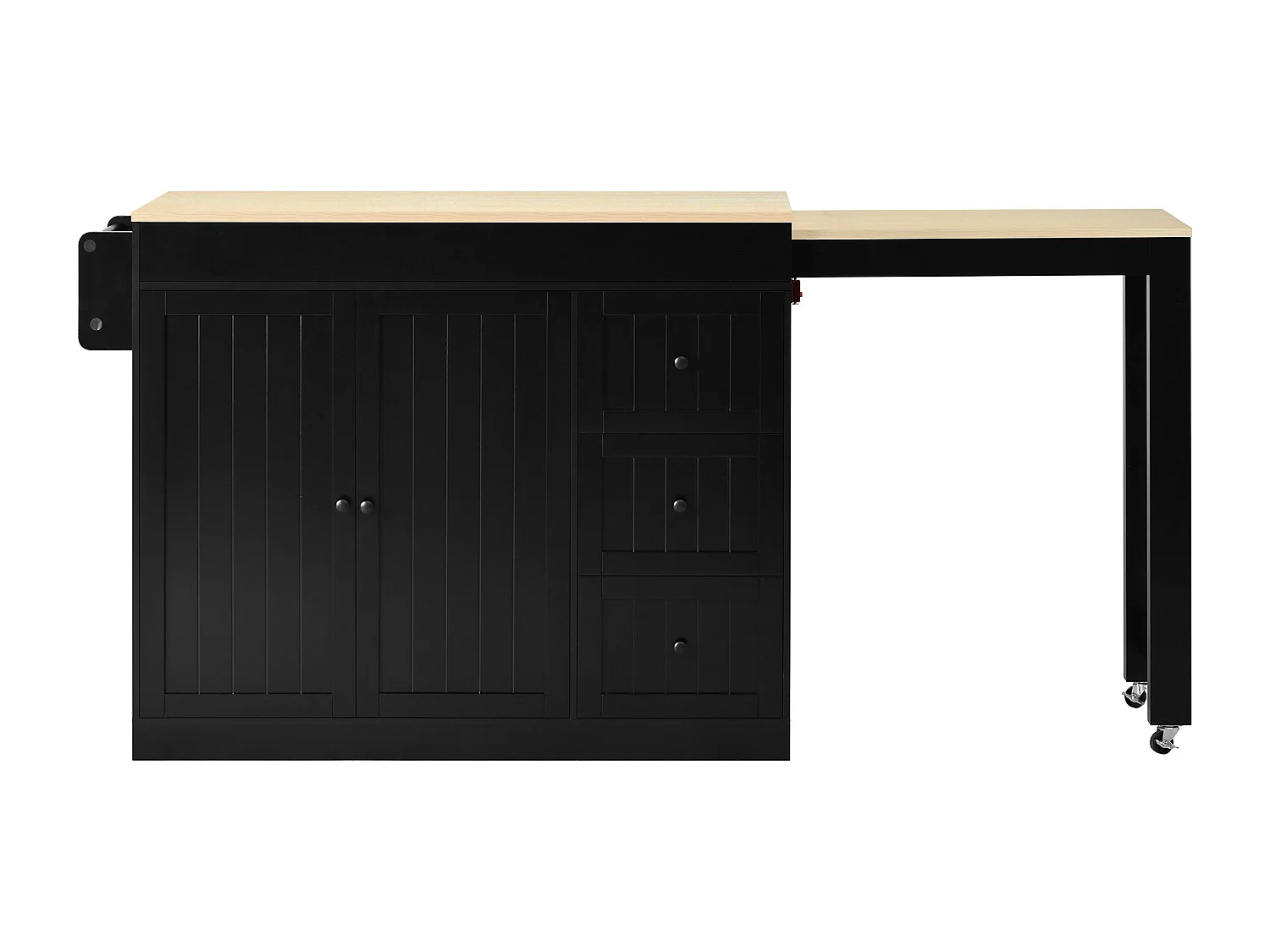 Zentrale Kücheninsel - ausziehbarer Esstisch - mit 1 USB-Anschluss und 1 Type-C-Anschluss - mit Gewürzregal und Rollen - Natur + Schwarz