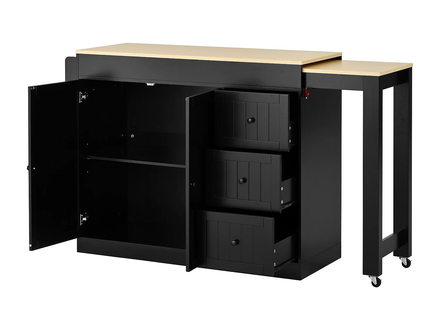 Zentrale Kücheninsel - ausziehbarer Esstisch - mit 1 USB-Anschluss und 1 Type-C-Anschluss - mit Gewürzregal und Rollen - Natur + Schwarz