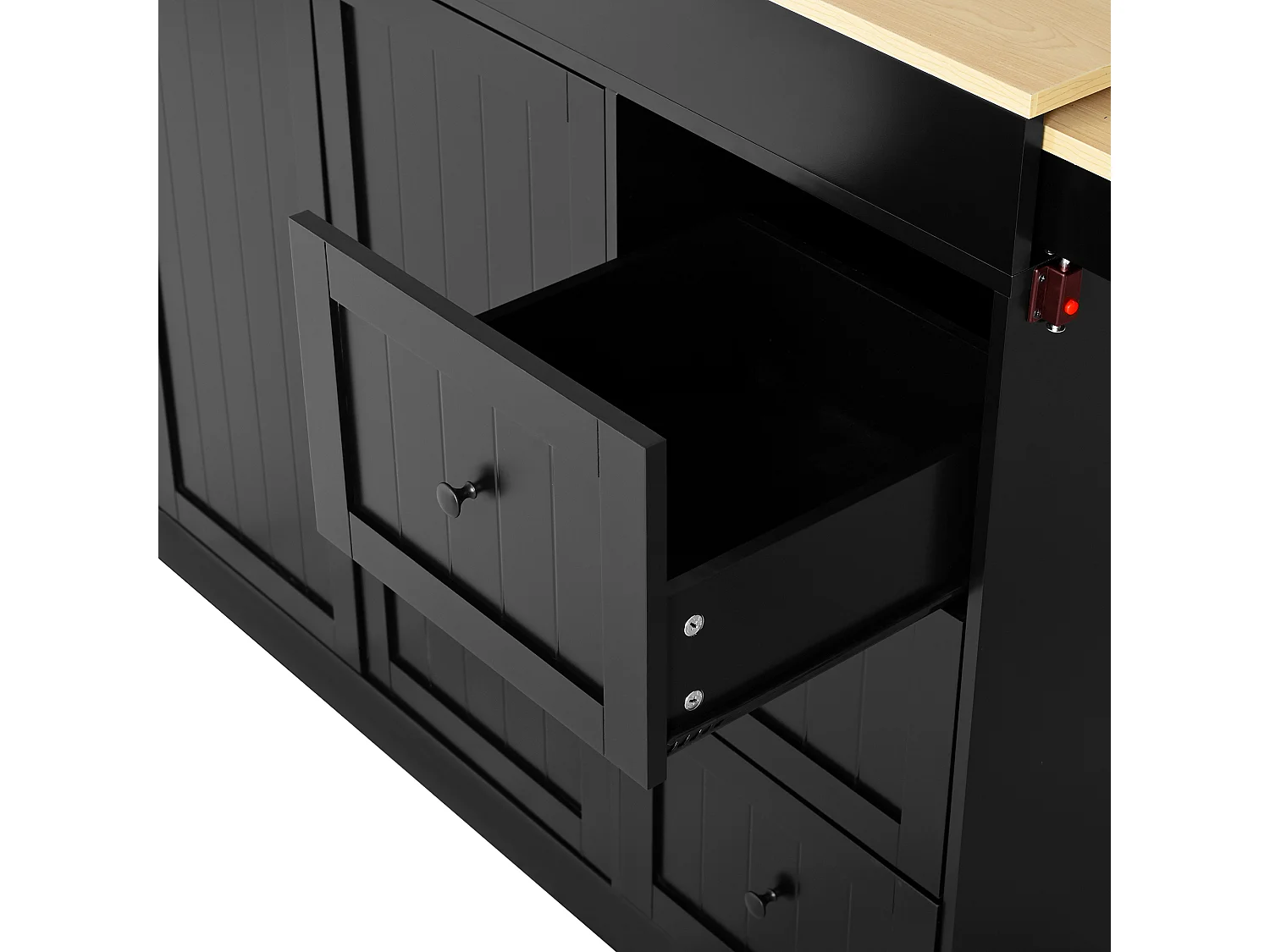 Zentrale Kücheninsel - ausziehbarer Esstisch - mit 1 USB-Anschluss und 1 Type-C-Anschluss - mit Gewürzregal und Rollen - Natur + Schwarz