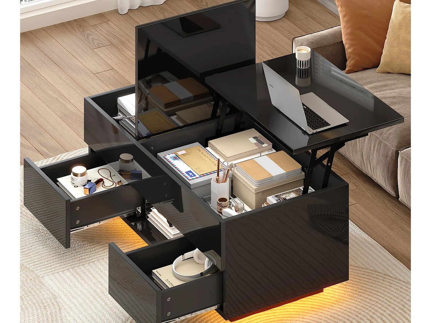 Höhenverstellbarer Beistelltisch 100x45x43 cm - Mit 2 Schubladen und LED-Beleuchtung - Glänzende Oberfläche - Spanplatten - Schwarz