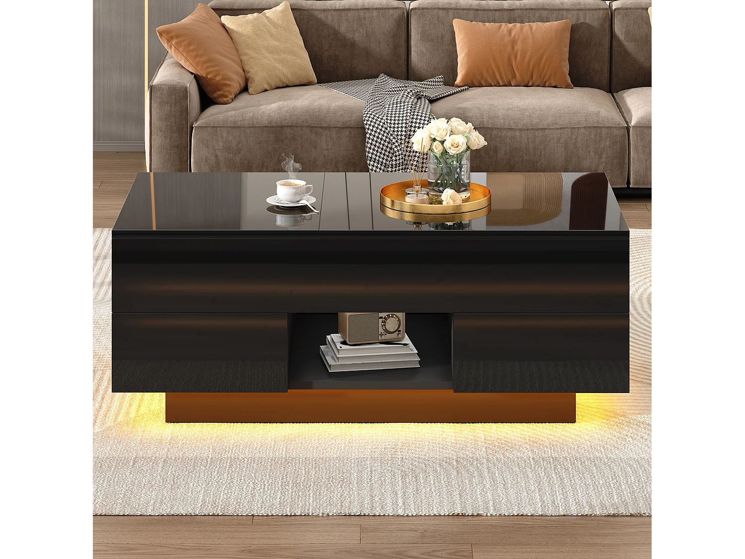 Höhenverstellbarer Beistelltisch 100x45x43 cm - Mit 2 Schubladen und LED-Beleuchtung - Glänzende Oberfläche - Spanplatten - Schwarz