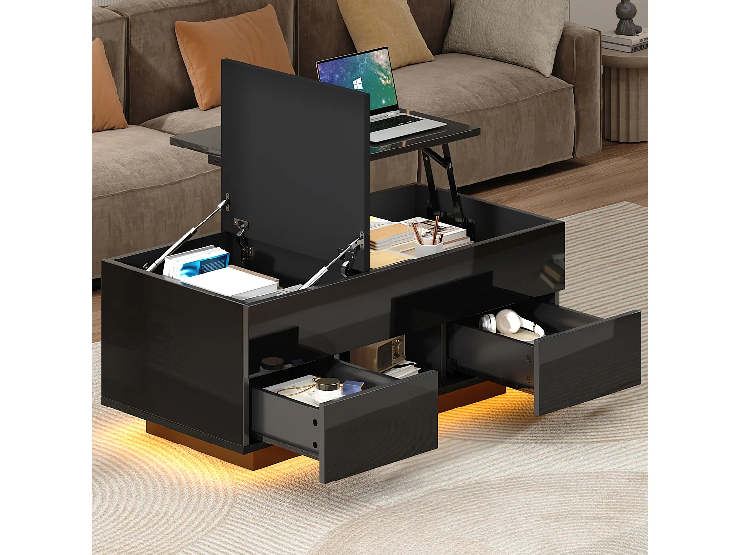 Höhenverstellbarer Beistelltisch 100x45x43 cm - Mit 2 Schubladen und LED-Beleuchtung - Glänzende Oberfläche - Spanplatten - Schwarz