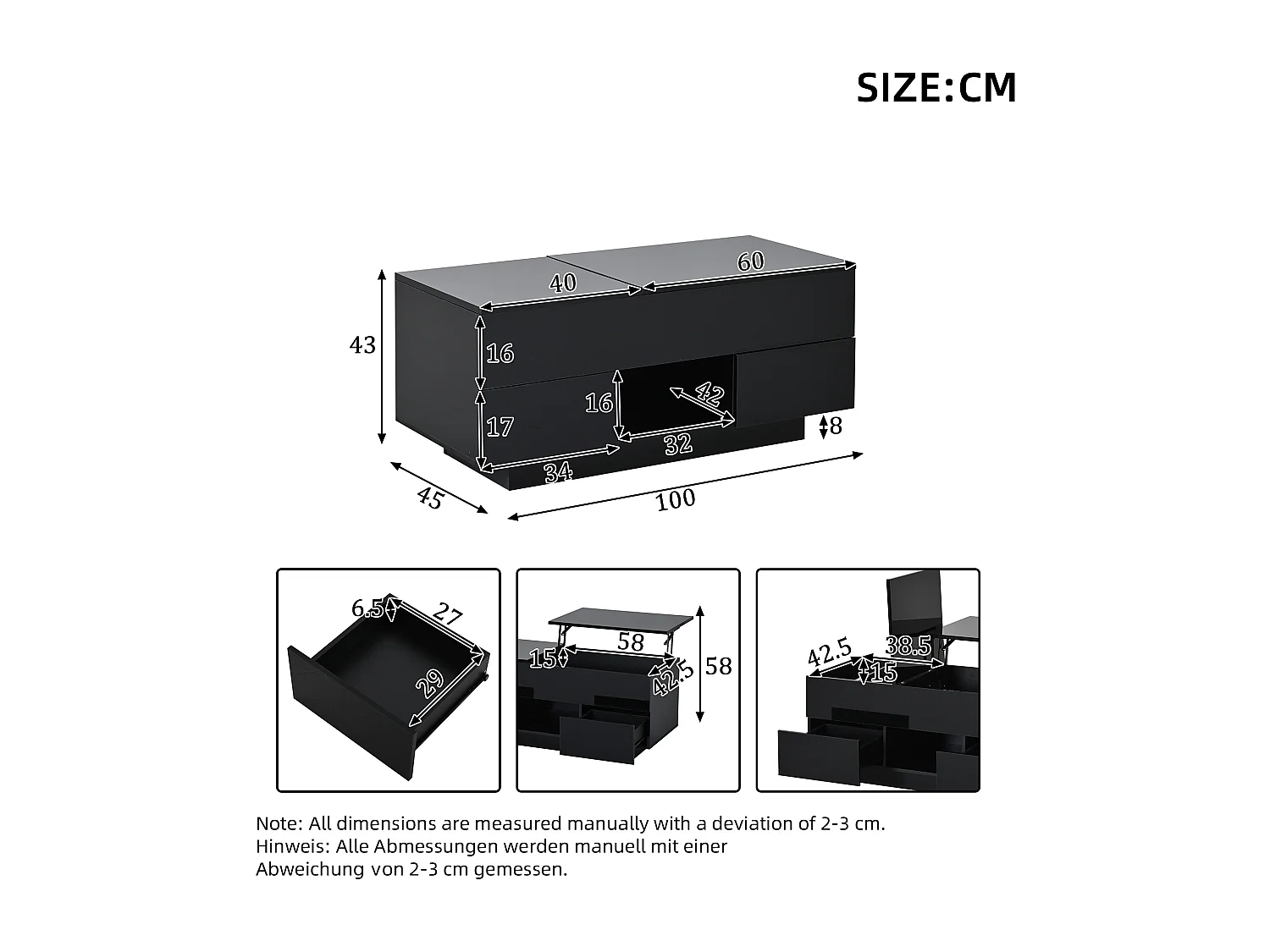 Höhenverstellbarer Beistelltisch 100x45x43 cm - Mit 2 Schubladen und LED-Beleuchtung - Glänzende Oberfläche - Spanplatten - Schwarz