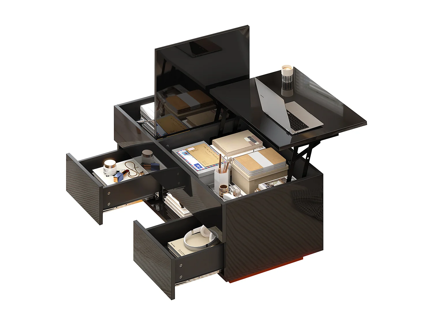 Höhenverstellbarer Beistelltisch 100x45x43 cm - Mit 2 Schubladen und LED-Beleuchtung - Glänzende Oberfläche - Spanplatten - Schwarz