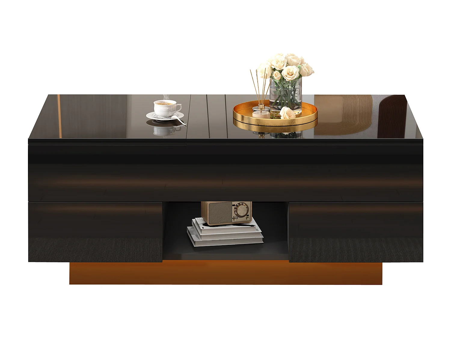 Höhenverstellbarer Beistelltisch 100x45x43 cm - Mit 2 Schubladen und LED-Beleuchtung - Glänzende Oberfläche - Spanplatten - Schwarz