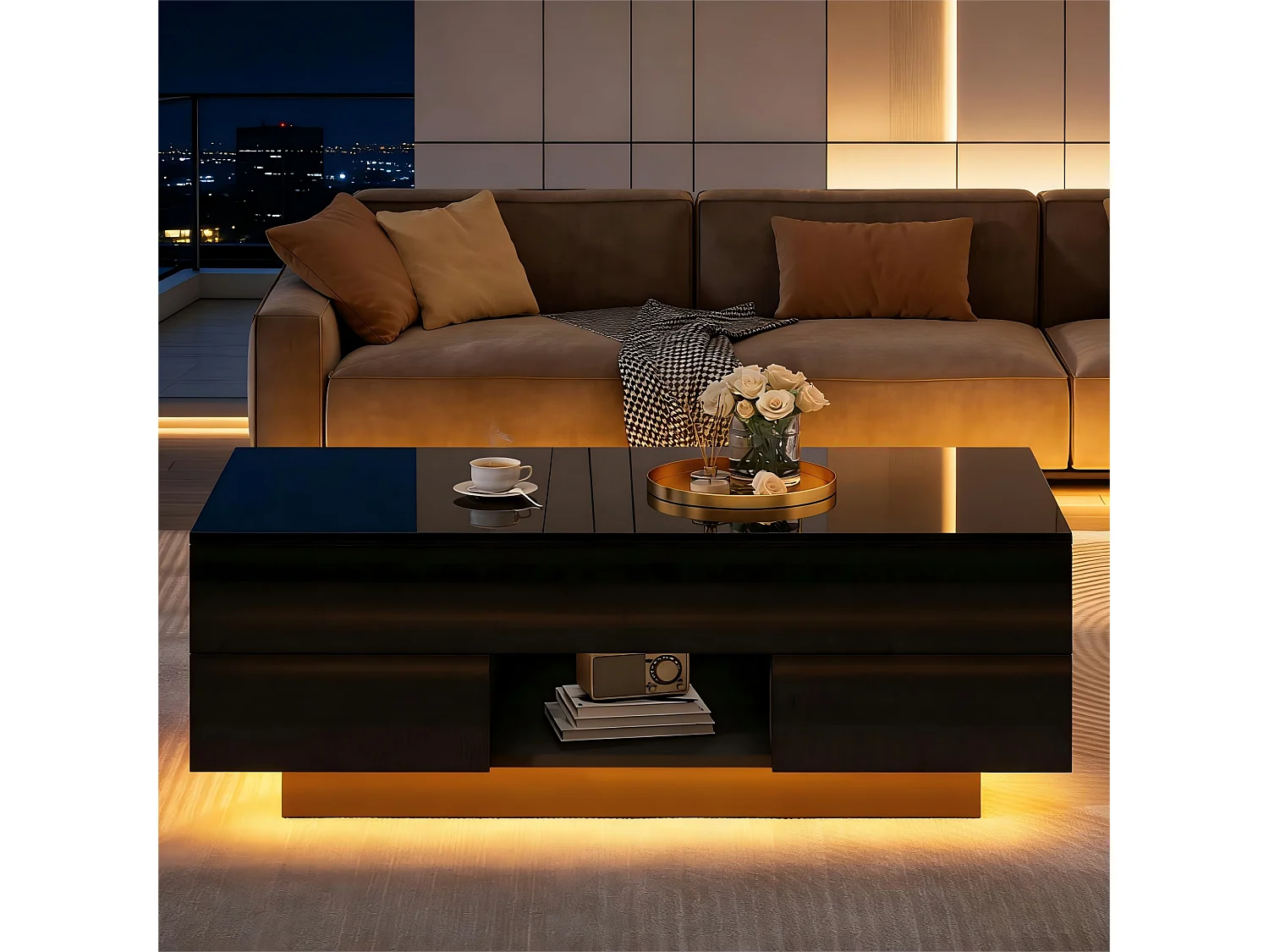 Höhenverstellbarer Beistelltisch 100x45x43 cm - Mit 2 Schubladen und LED-Beleuchtung - Glänzende Oberfläche - Spanplatten - Schwarz