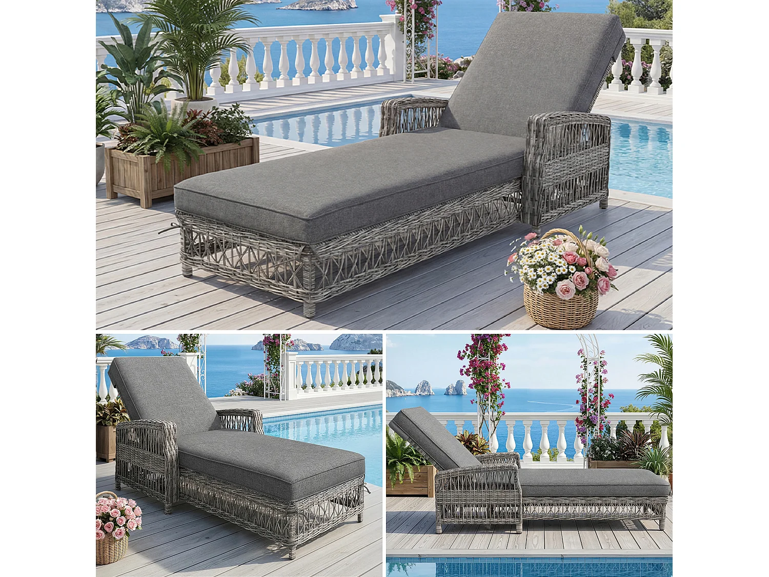 Bain de Soleil Réglable sur 4 Positions pour Terrasse en rotin Résistante aux Intempéries et à la Rouille, Gris