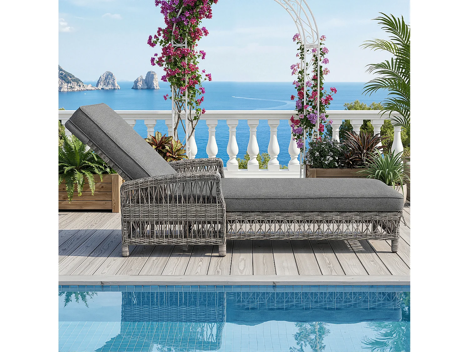 Bain de Soleil Réglable sur 4 Positions pour Terrasse en rotin Résistante aux Intempéries et à la Rouille, Gris