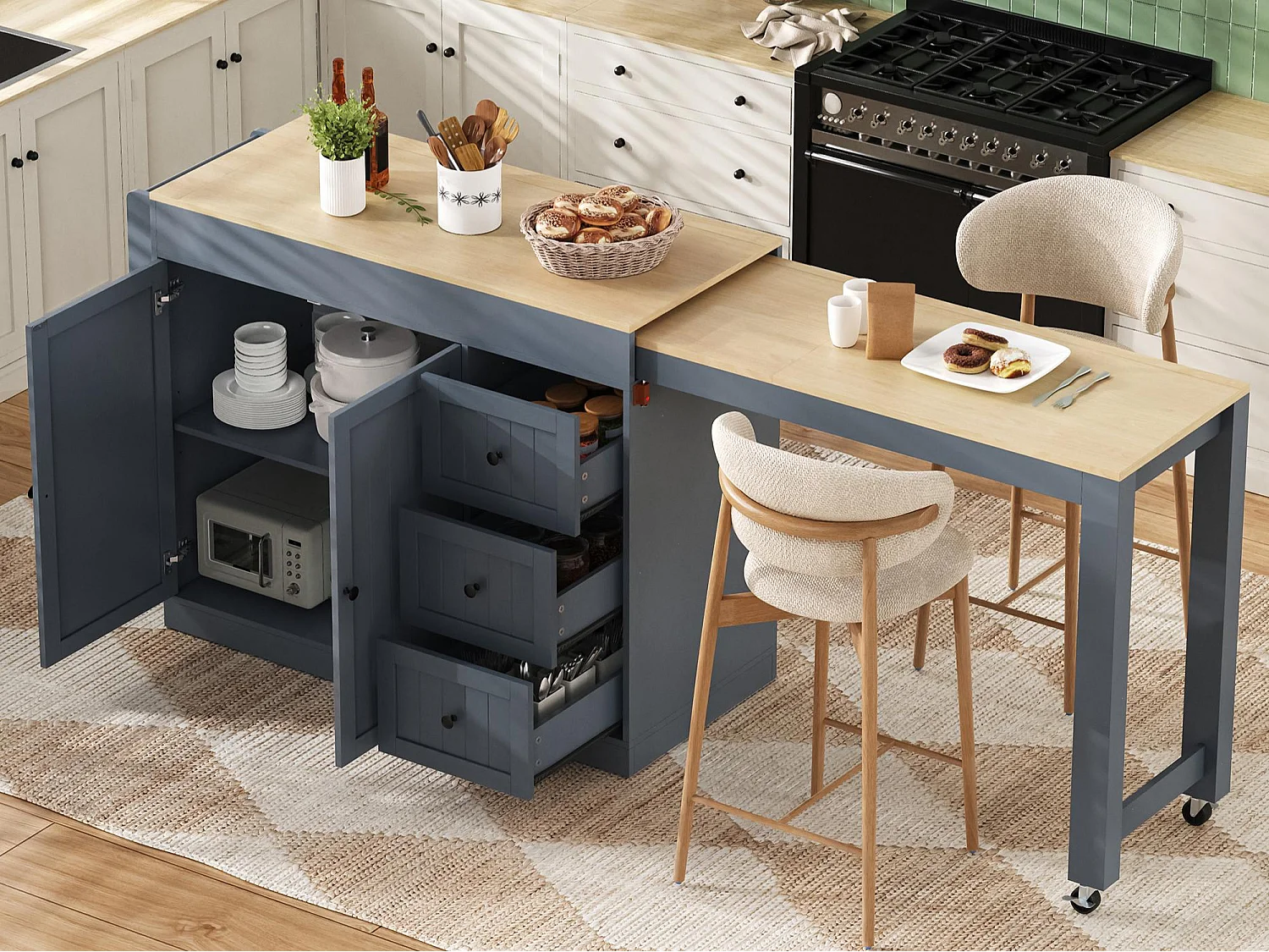 Zentrale Kücheninsel - ausziehbarer Esstisch - mit 1 USB-Anschluss und 1 Type-C-Anschluss - mit Gewürzregal und Rollen - Natur + Grau