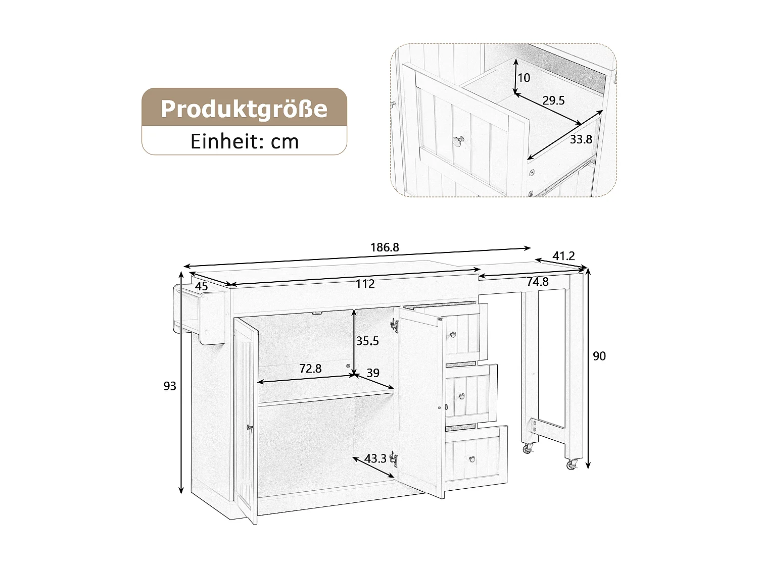 Zentrale Kücheninsel - ausziehbarer Esstisch - mit 1 USB-Anschluss und 1 Type-C-Anschluss - mit Gewürzregal und Rollen - Natur + Grau