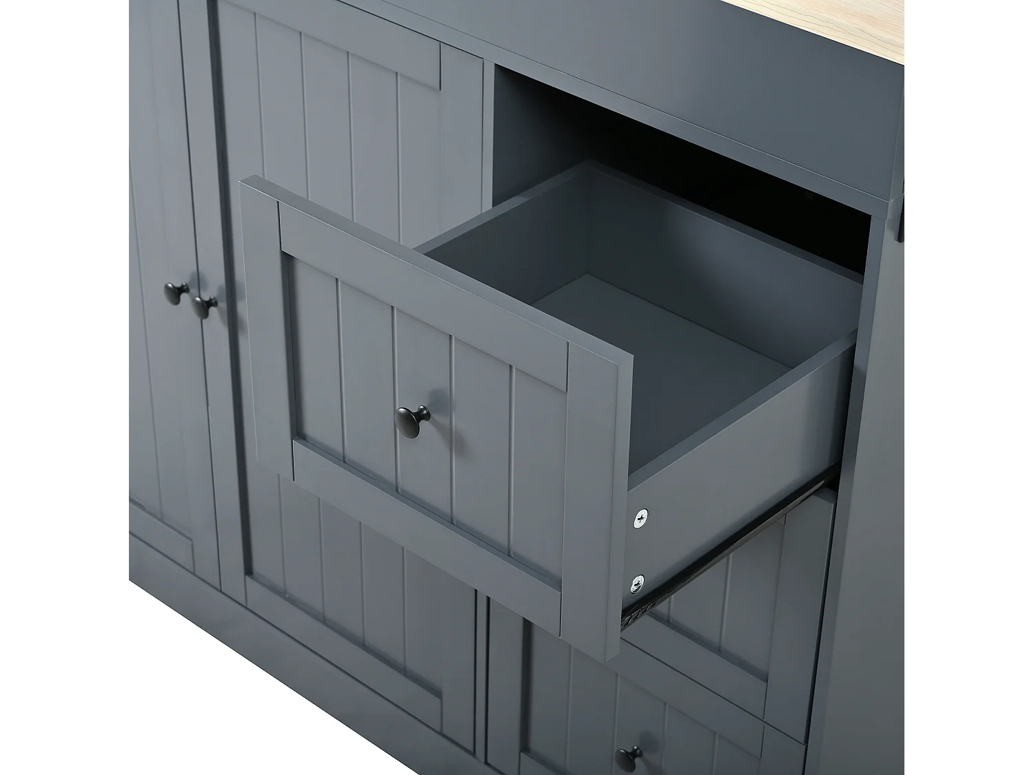 Zentrale Kücheninsel - ausziehbarer Esstisch - mit 1 USB-Anschluss und 1 Type-C-Anschluss - mit Gewürzregal und Rollen - Natur + Grau