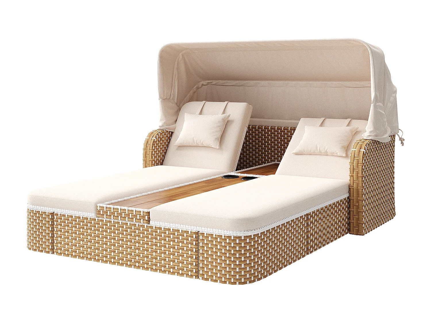 Salon de jardin - Bain de soleil - canapé de jardin - en acier galvanisé - 2 places - Bois d'acacia - avec Pare soleil réglable - beige