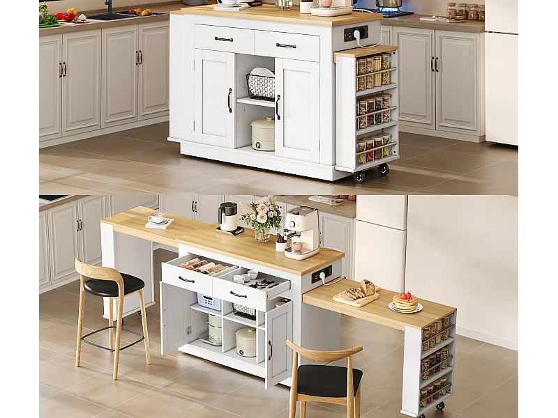 Centraal kookeiland - 2 uitschuifbare eettafels - met 2 stopcontacten en 2 USB-poorten - grote opbergruimte - Natuur + Wit