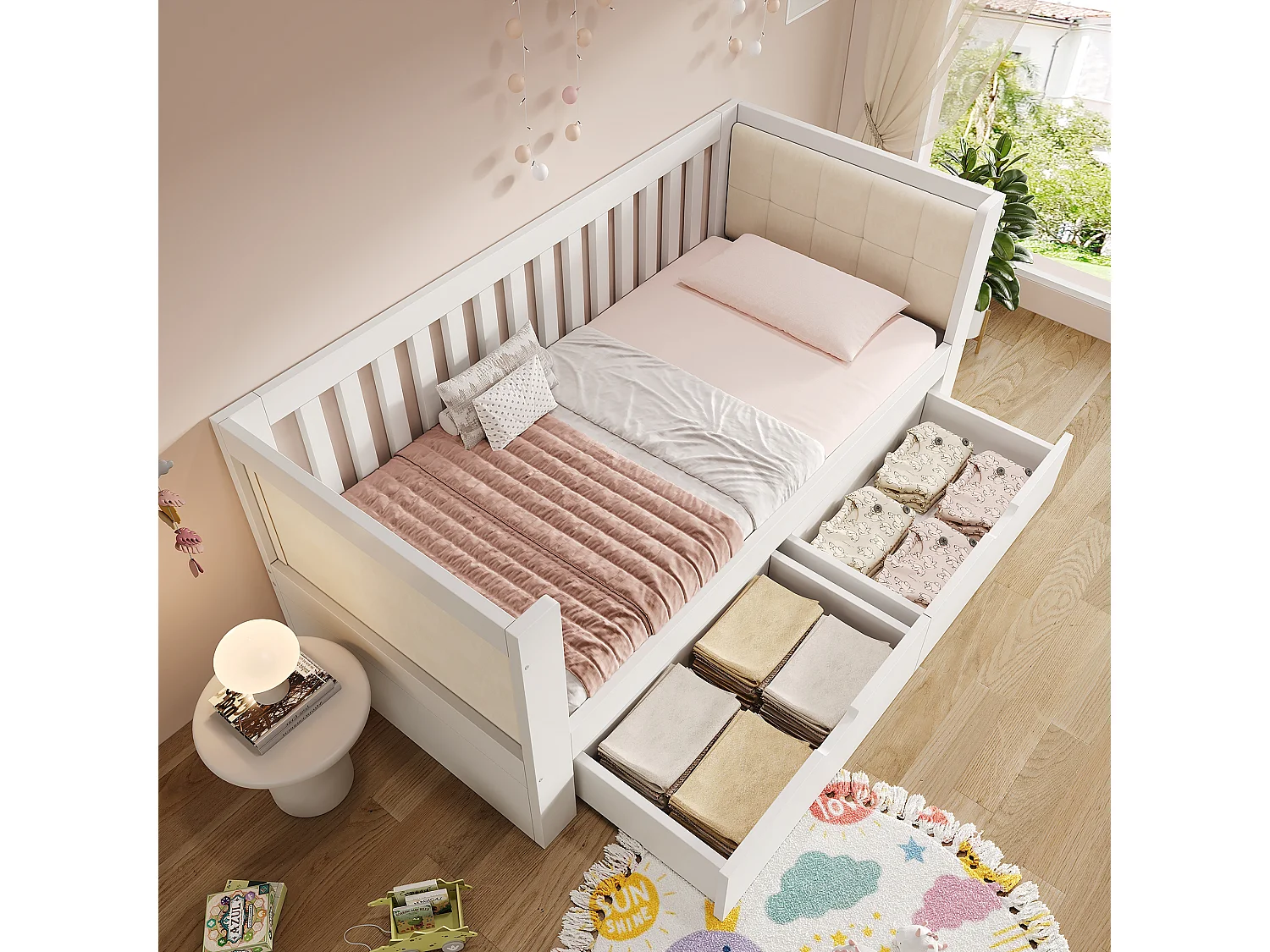 Slaapbank 90x200cm - met 2 lades - gestoffeerde rugleuning - met lattenbodem - wit​ (matras niet inbegrepen)