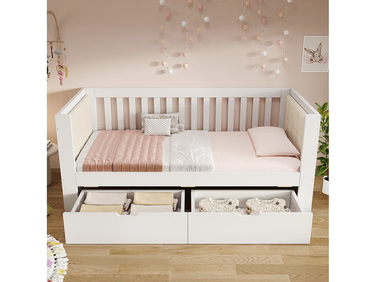 Slaapbank 90x200cm - met 2 lades - gestoffeerde rugleuning - met lattenbodem - wit​ (matras niet inbegrepen)