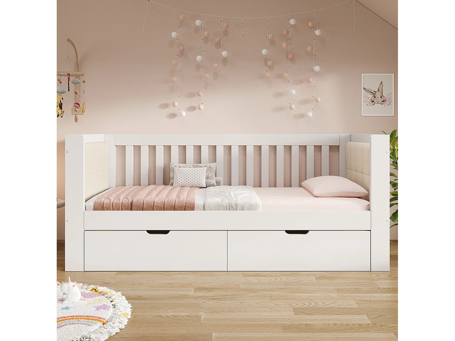 Slaapbank 90x200cm - met 2 lades - gestoffeerde rugleuning - met lattenbodem - wit​ (matras niet inbegrepen)