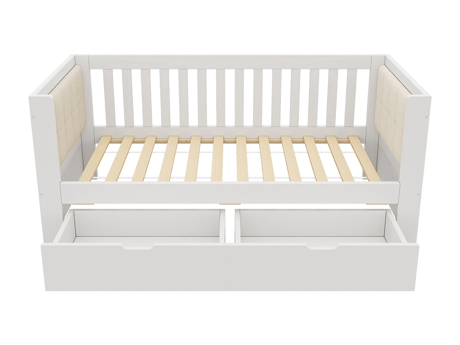 Slaapbank 90x200cm - met 2 lades - gestoffeerde rugleuning - met lattenbodem - wit​ (matras niet inbegrepen)