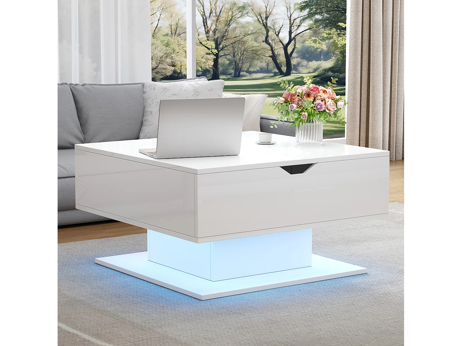 Höhenverstellbarer Beistelltisch 80x77x40 cm - Hochglanz-Design - Mit LED-Beleuchtung - Halboffener Stauraum - Weiß