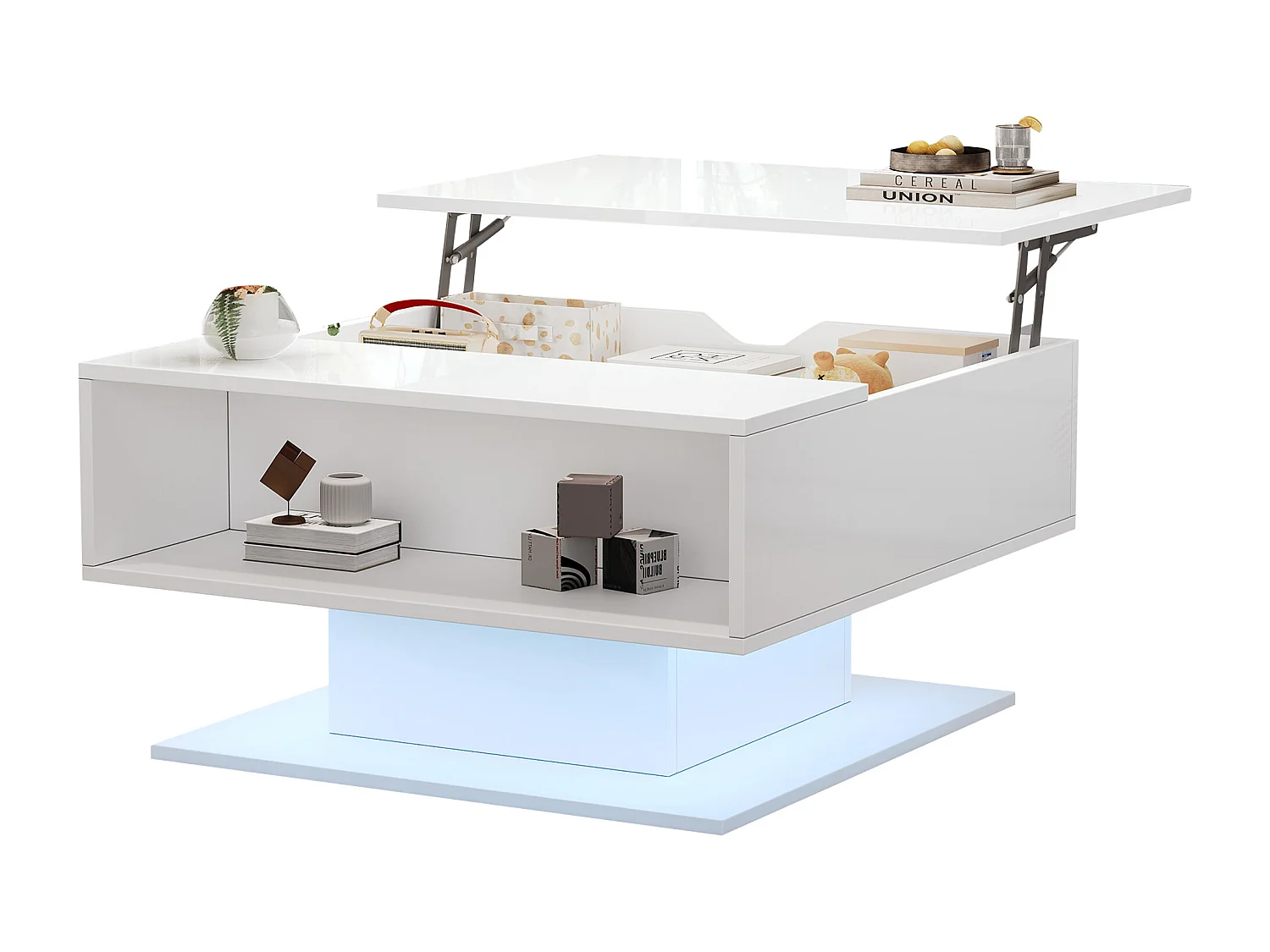 Höhenverstellbarer Beistelltisch 80x77x40 cm - Hochglanz-Design - Mit LED-Beleuchtung - Halboffener Stauraum - Weiß