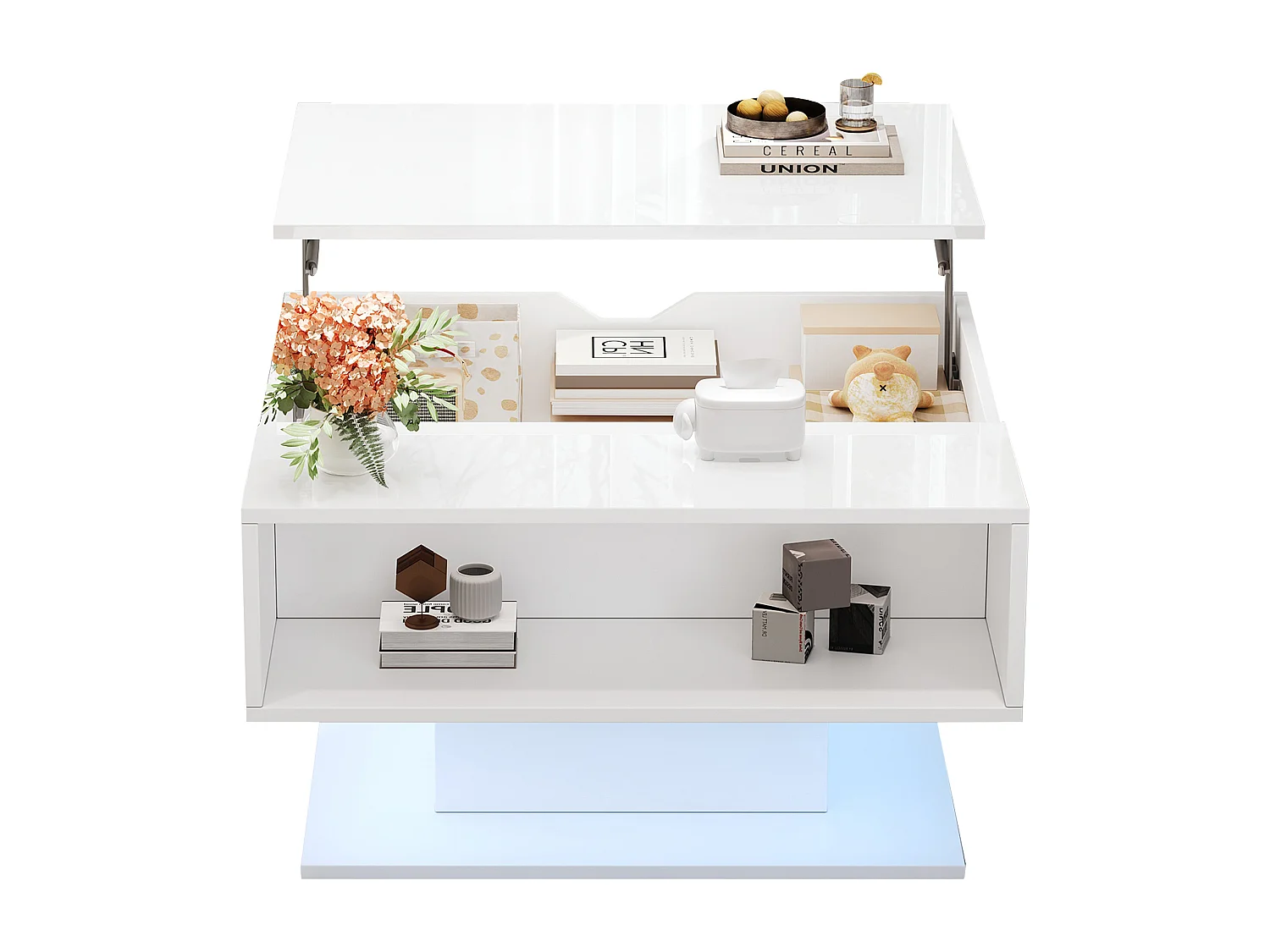 Höhenverstellbarer Beistelltisch 80x77x40 cm - Hochglanz-Design - Mit LED-Beleuchtung - Halboffener Stauraum - Weiß