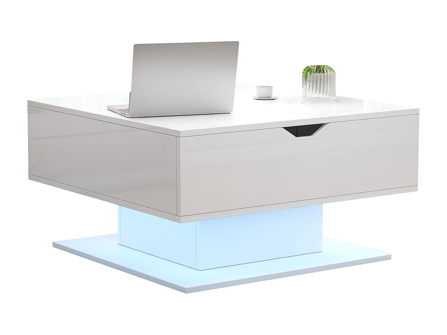 Höhenverstellbarer Beistelltisch 80x77x40 cm - Hochglanz-Design - Mit LED-Beleuchtung - Halboffener Stauraum - Weiß