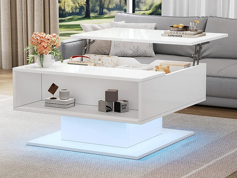 Höhenverstellbarer Beistelltisch 80x77x40 cm - Hochglanz-Design - Mit LED-Beleuchtung - Halboffener Stauraum - Weiß