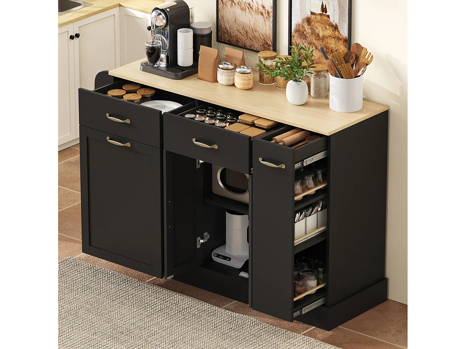 Buffet moderne 133.5x40x86cm - avec tiroirs et étagère à épices - Compartiment avec poubelle - Naturel + Noir