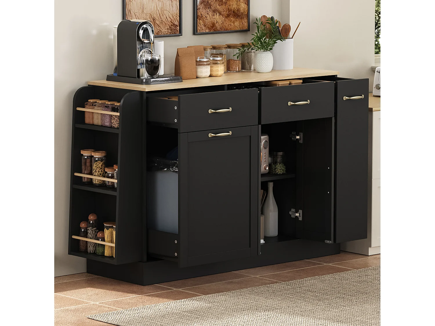 Buffet moderne 133.5x40x86cm - avec tiroirs et étagère à épices - Compartiment avec poubelle - Naturel + Noir