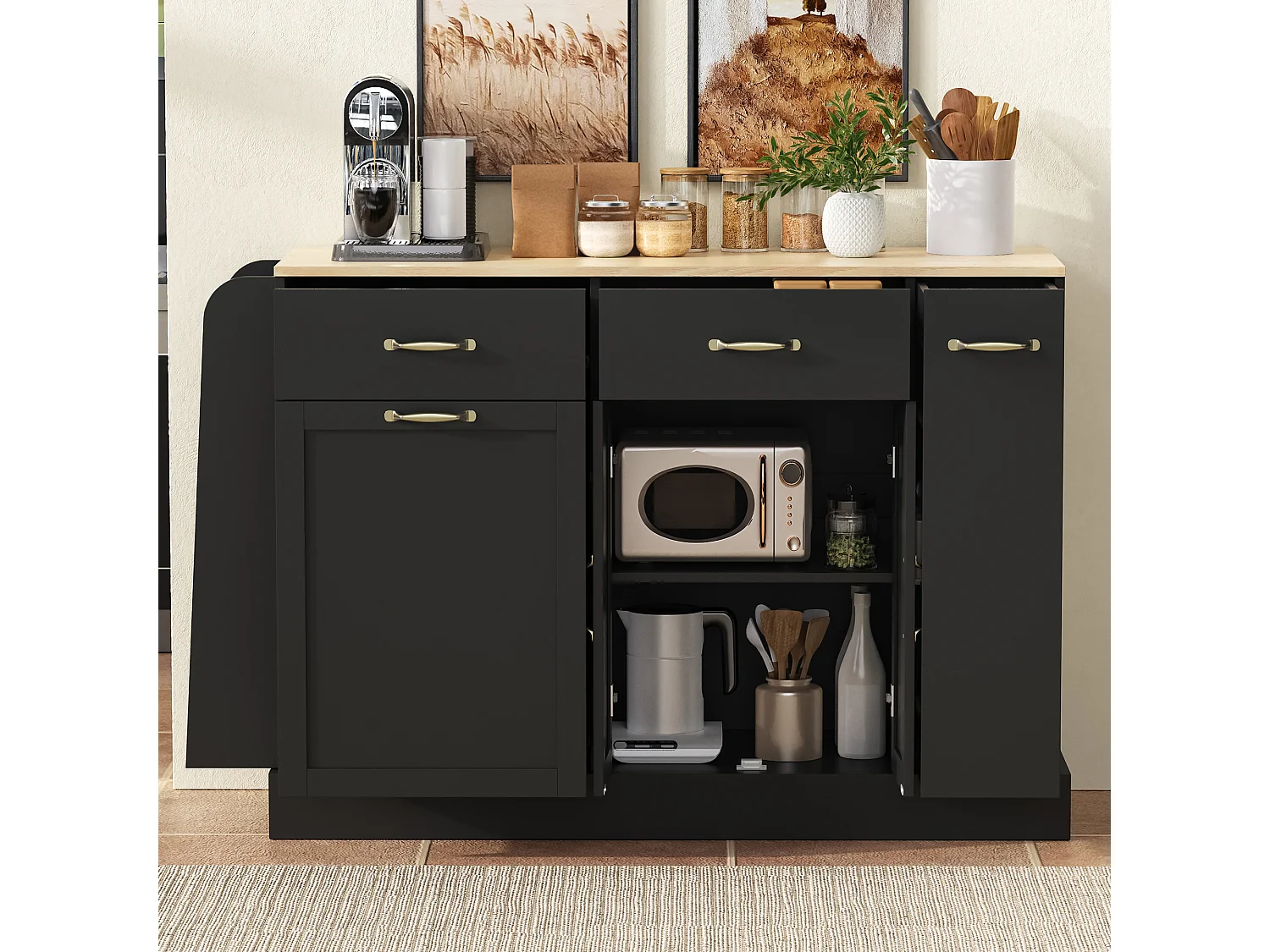 Buffet moderne 133.5x40x86cm - avec tiroirs et étagère à épices - Compartiment avec poubelle - Naturel + Noir