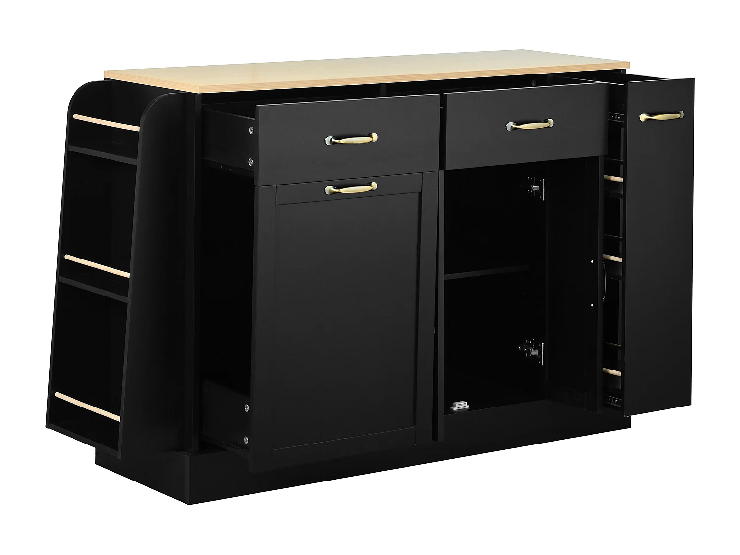 Buffet moderne 133.5x40x86cm - avec tiroirs et étagère à épices - Compartiment avec poubelle - Naturel + Noir