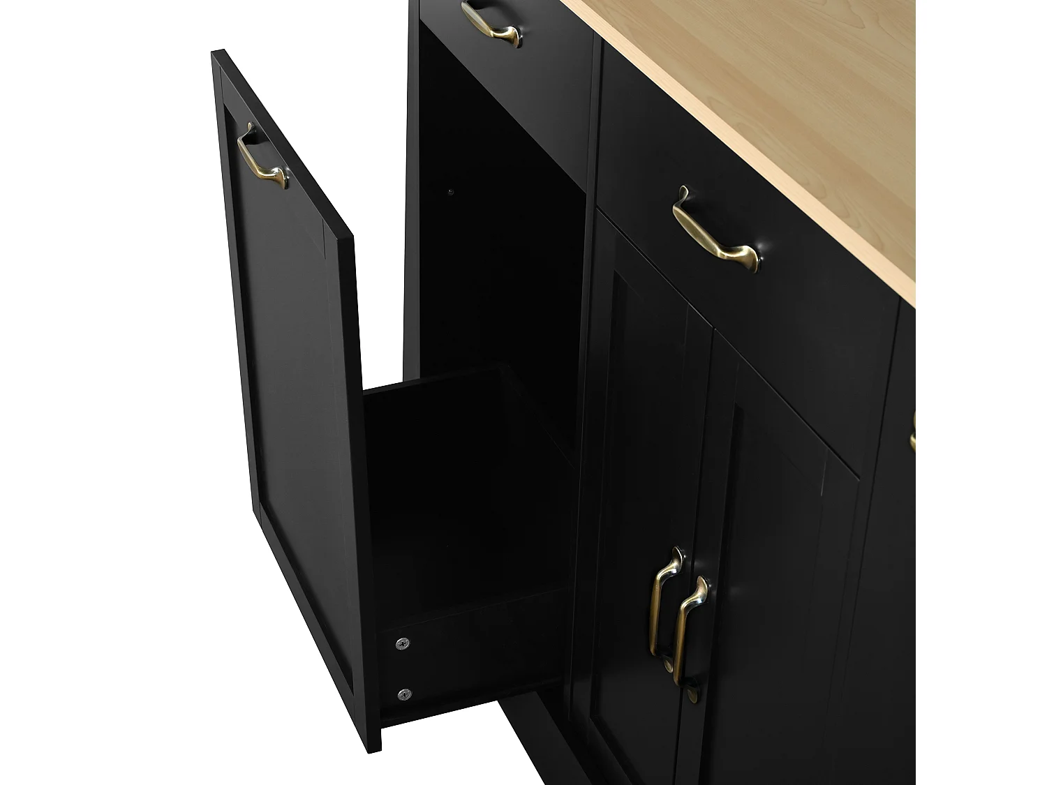 Buffet moderne 133.5x40x86cm - avec tiroirs et étagère à épices - Compartiment avec poubelle - Naturel + Noir