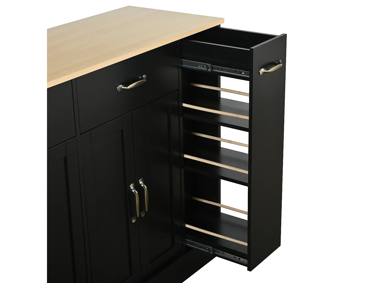 Buffet moderne 133.5x40x86cm - avec tiroirs et étagère à épices - Compartiment avec poubelle - Naturel + Noir