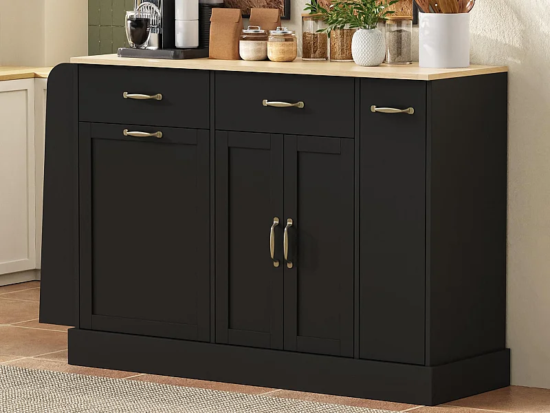 Buffet moderne 133.5x40x86cm - avec tiroirs et étagère à épices - Compartiment avec poubelle - Naturel + Noir