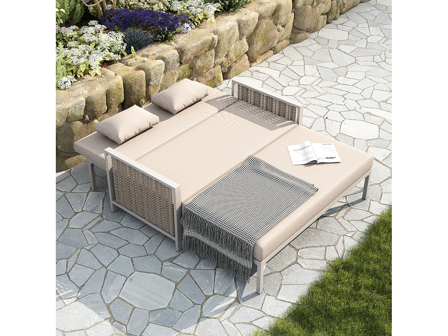 Salon ogrodowy - Leżak bujany - kanapa ogrodowa - z ocynkowanej stali i plecionego sznurka - 2 osoby - regulowane oparcie - Khaki