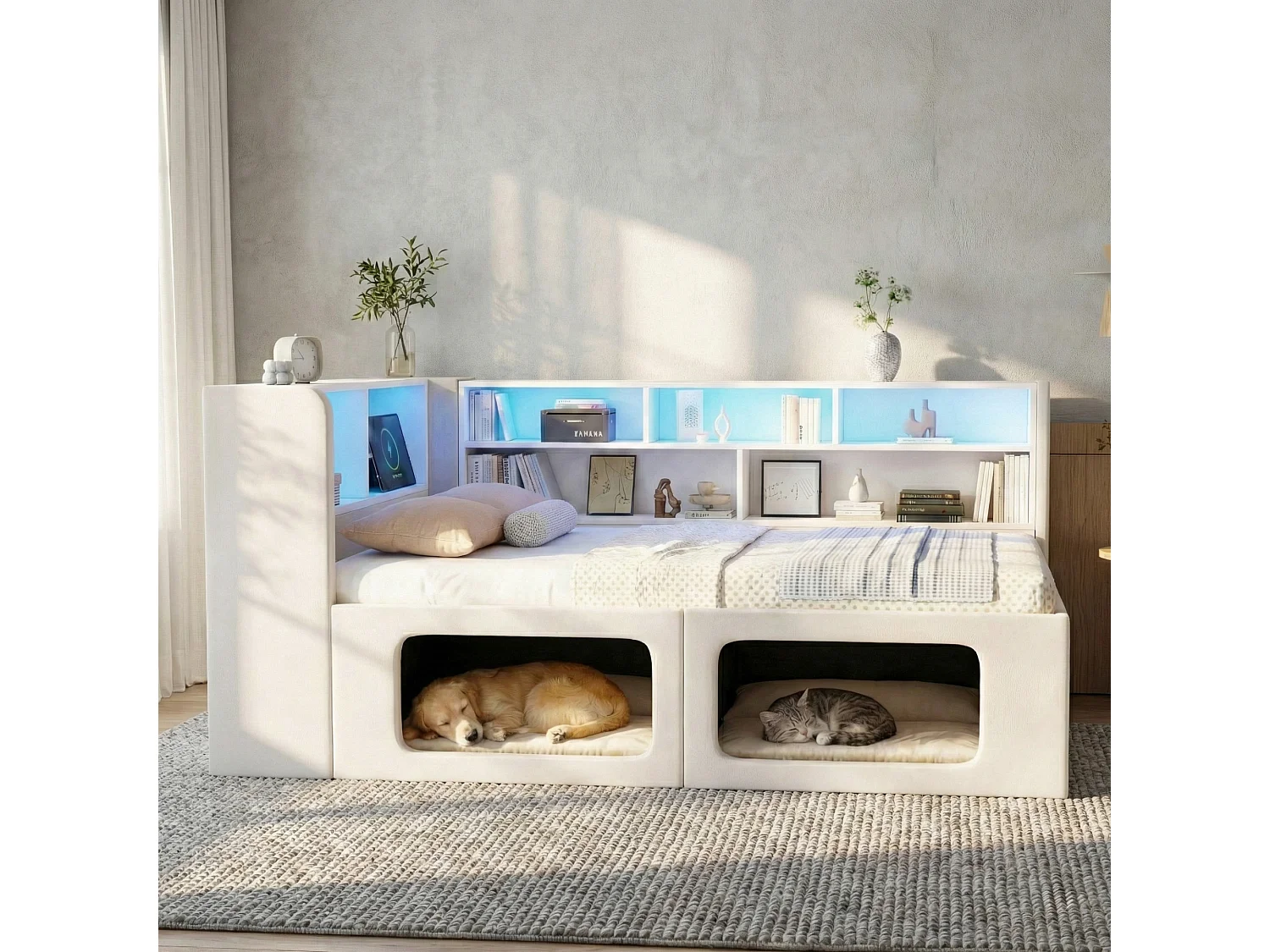 Divano letto imbottito 90x200 cm - con nicchie per animali domestici - LED, porta USB e scomparti di riporre - Velluto - Beige