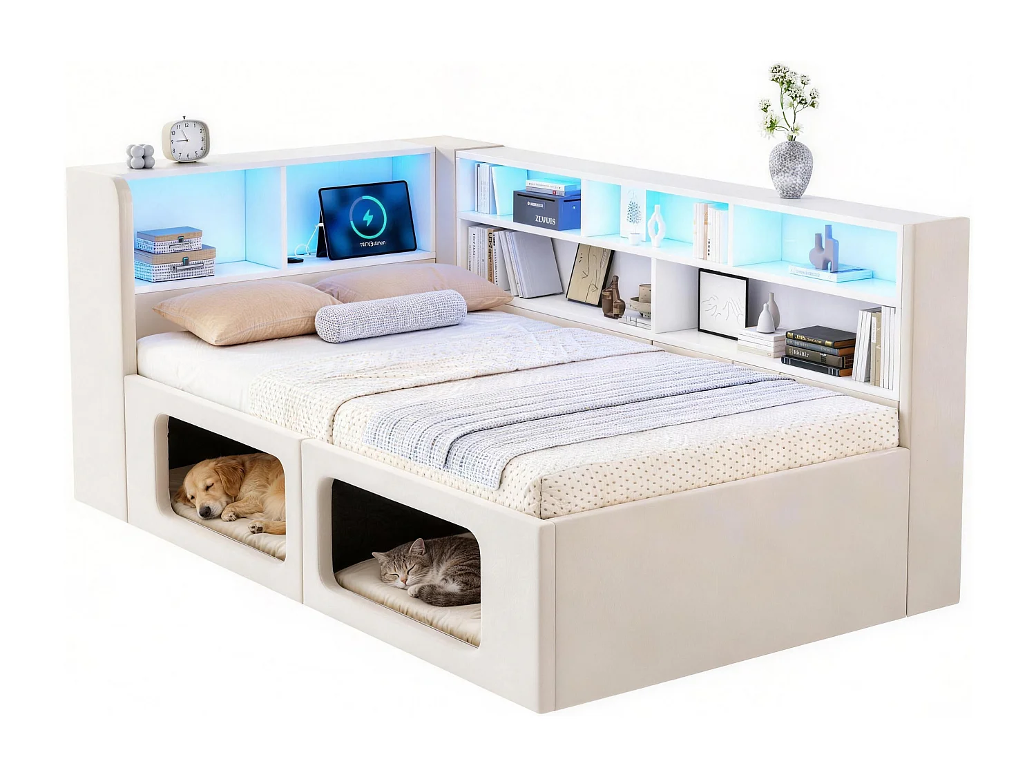 Divano letto imbottito 90x200 cm - con nicchie per animali domestici - LED, porta USB e scomparti di riporre - Velluto - Beige