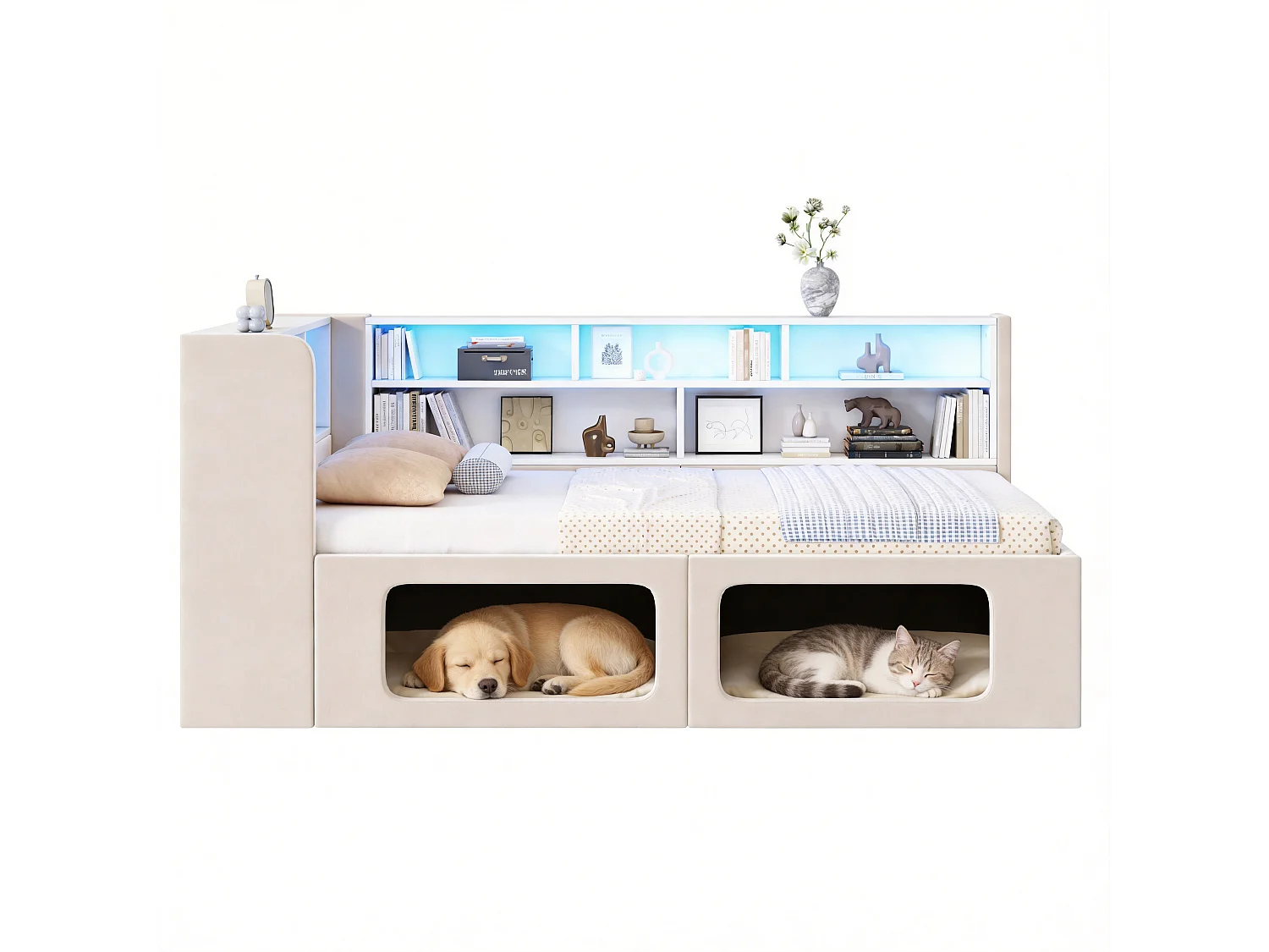 Divano letto imbottito 90x200 cm - con nicchie per animali domestici - LED, porta USB e scomparti di riporre - Velluto - Beige