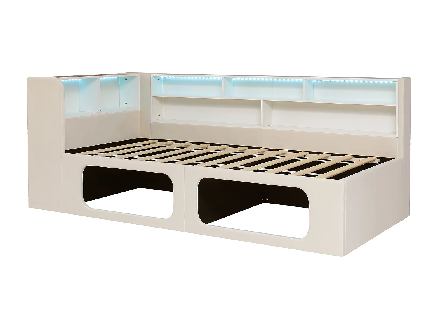 Divano letto imbottito 90x200 cm - con nicchie per animali domestici - LED, porta USB e scomparti di riporre - Velluto - Beige