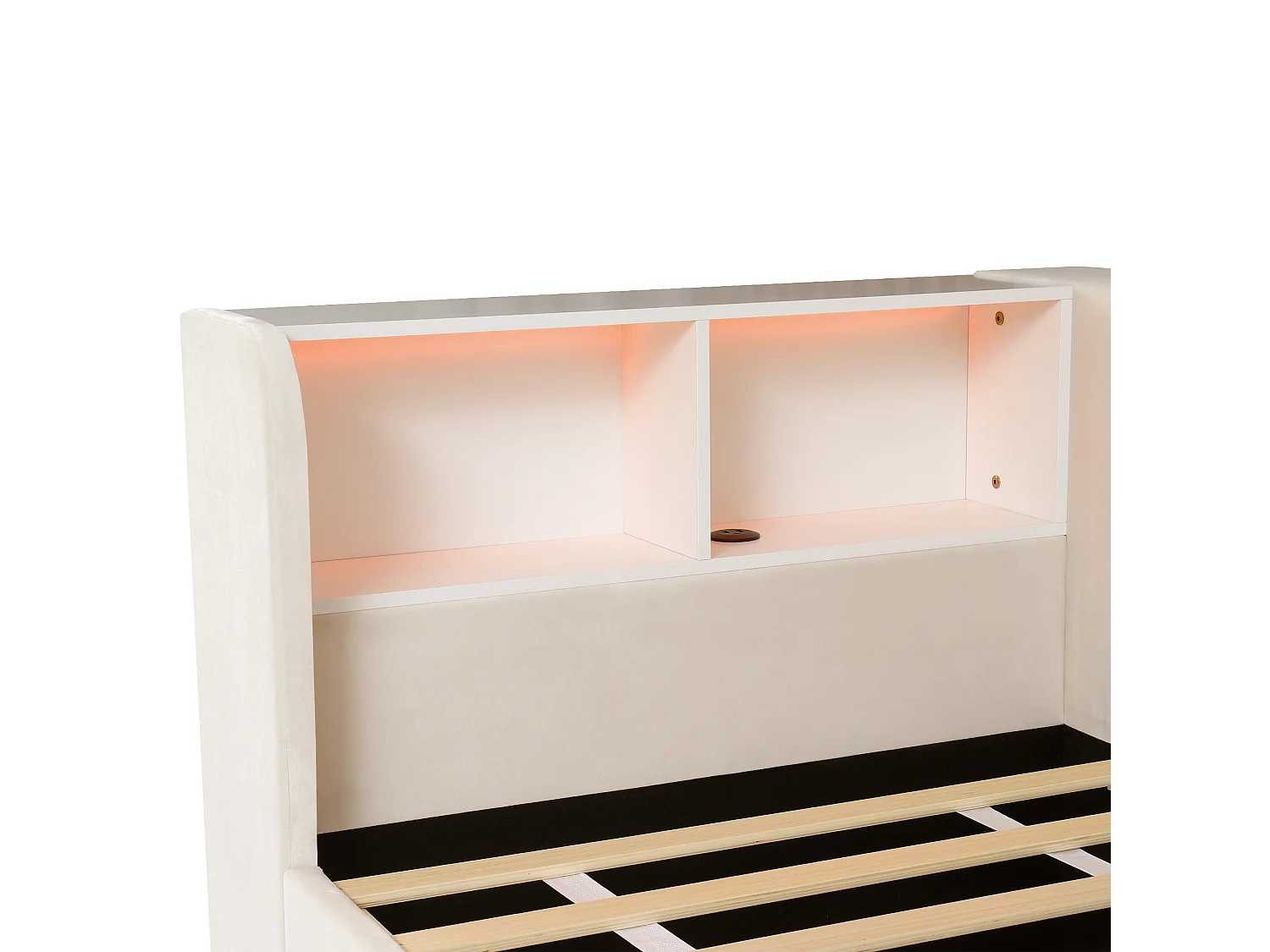 Divano letto imbottito 90x200 cm - con nicchie per animali domestici - LED, porta USB e scomparti di riporre - Velluto - Beige