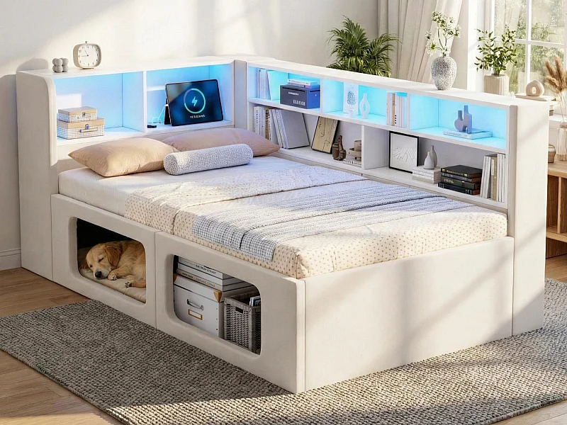 Divano letto imbottito 90x200 cm - con nicchie per animali domestici - LED, porta USB e scomparti di riporre - Velluto - Beige