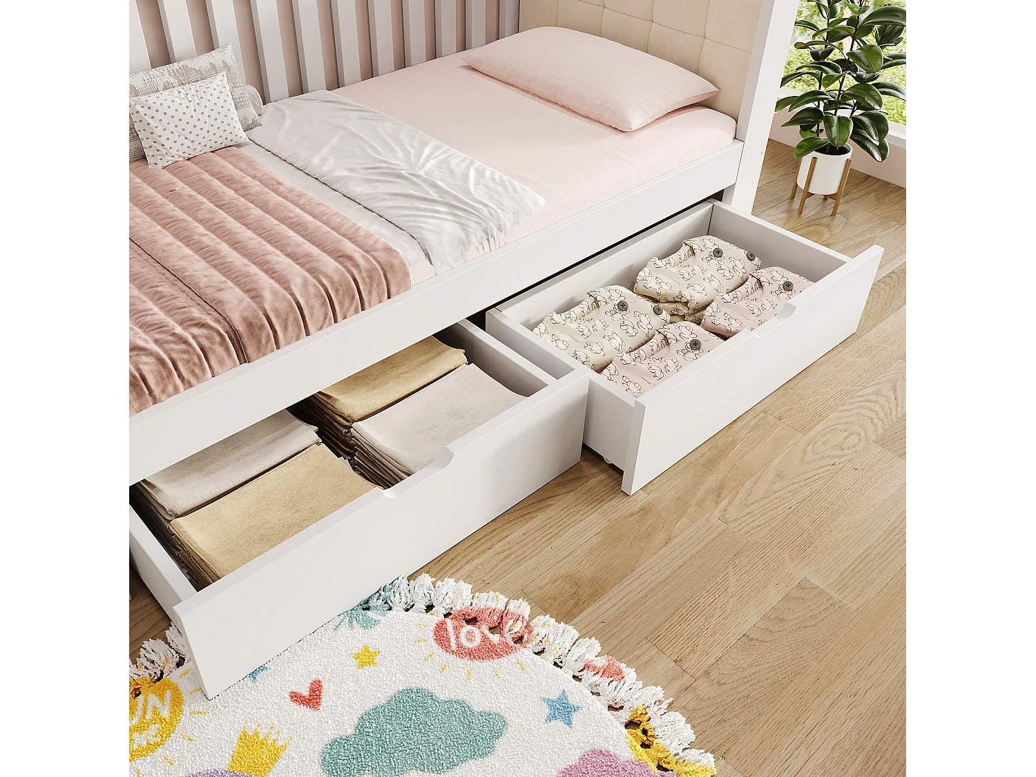 Slaapbank 90x190cm - met 2 lades - gestoffeerde rugleuning - met lattenbodem - wit​ (matras niet inbegrepen)