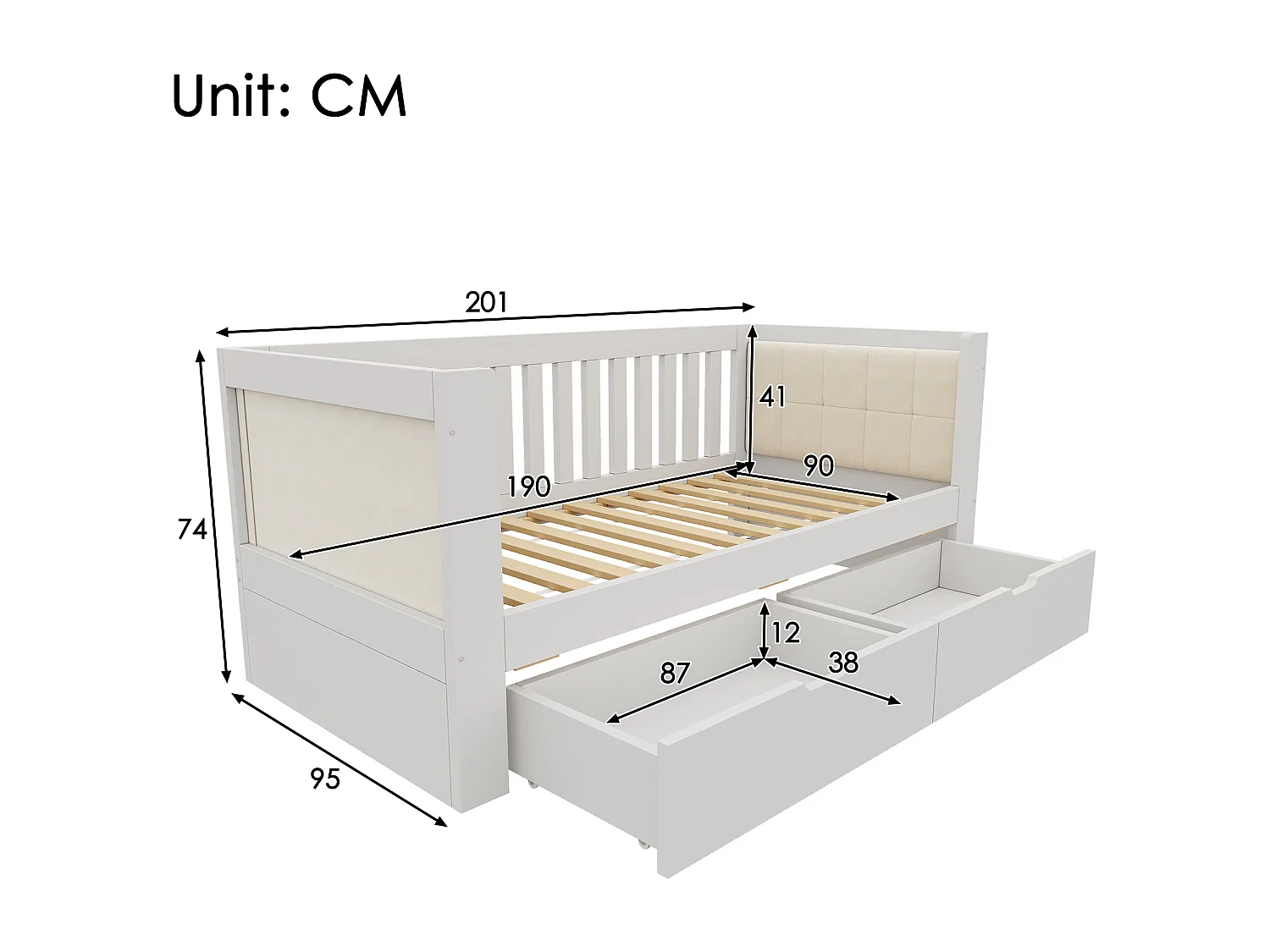 Slaapbank 90x190cm - met 2 lades - gestoffeerde rugleuning - met lattenbodem - wit​ (matras niet inbegrepen)
