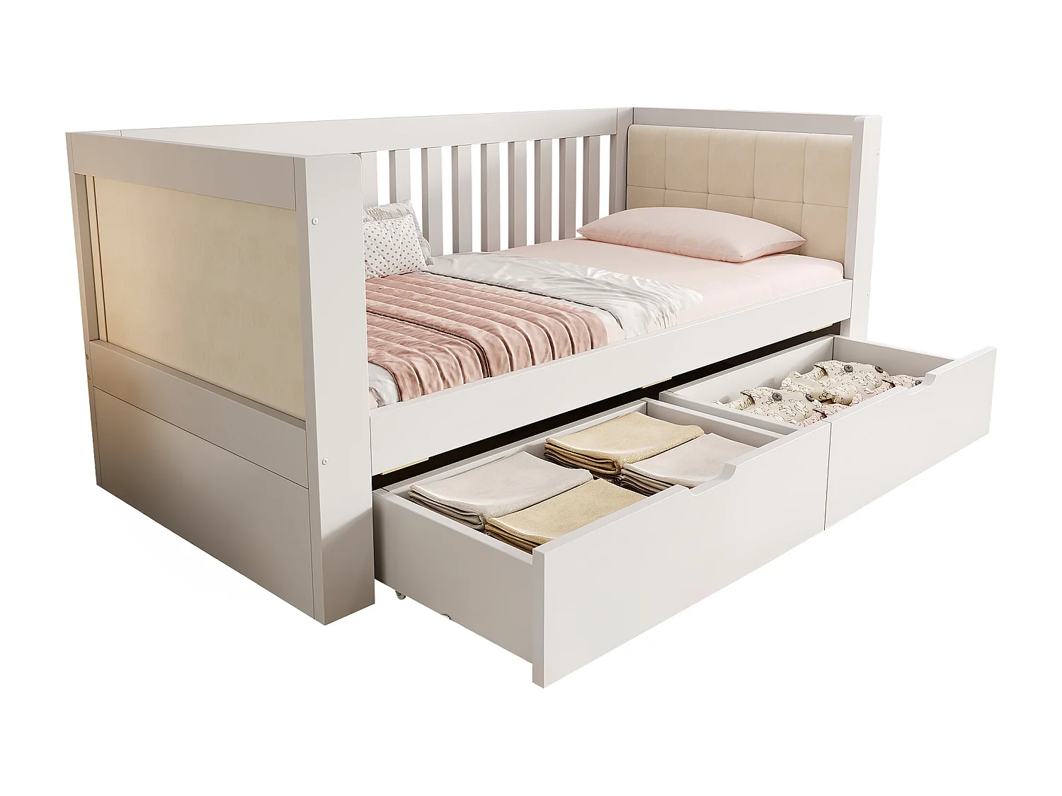 Slaapbank 90x190cm - met 2 lades - gestoffeerde rugleuning - met lattenbodem - wit​ (matras niet inbegrepen)