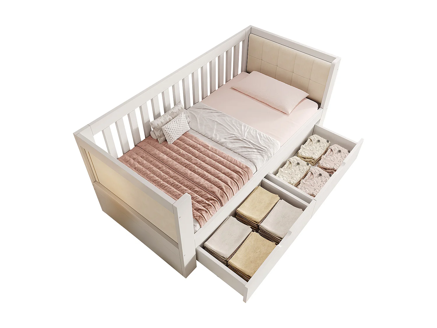 Slaapbank 90x190cm - met 2 lades - gestoffeerde rugleuning - met lattenbodem - wit​ (matras niet inbegrepen)