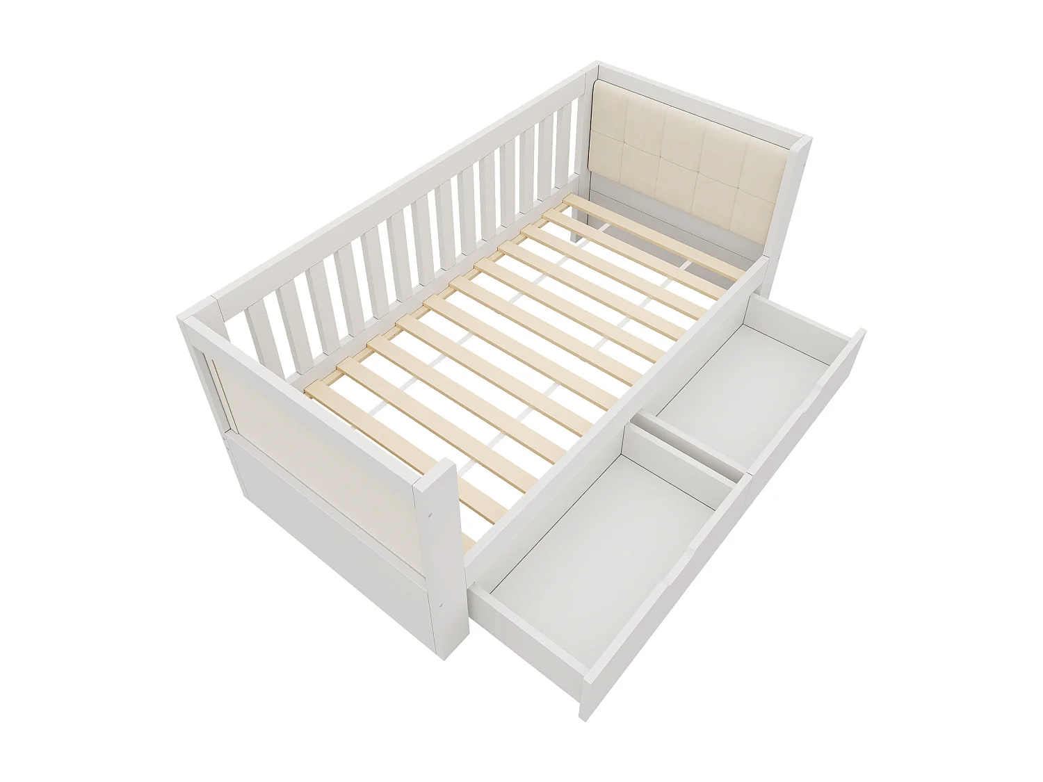 Slaapbank 90x190cm - met 2 lades - gestoffeerde rugleuning - met lattenbodem - wit​ (matras niet inbegrepen)