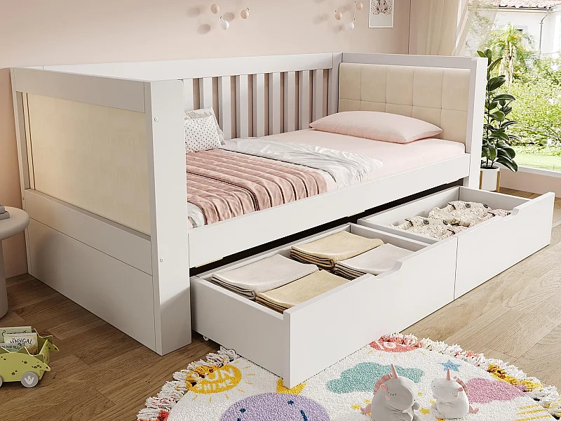 Divano letto 90x190cm - con 2 cassetti - schienale imbottito - con rete a doghe - bianco​ (materasso non incluso)