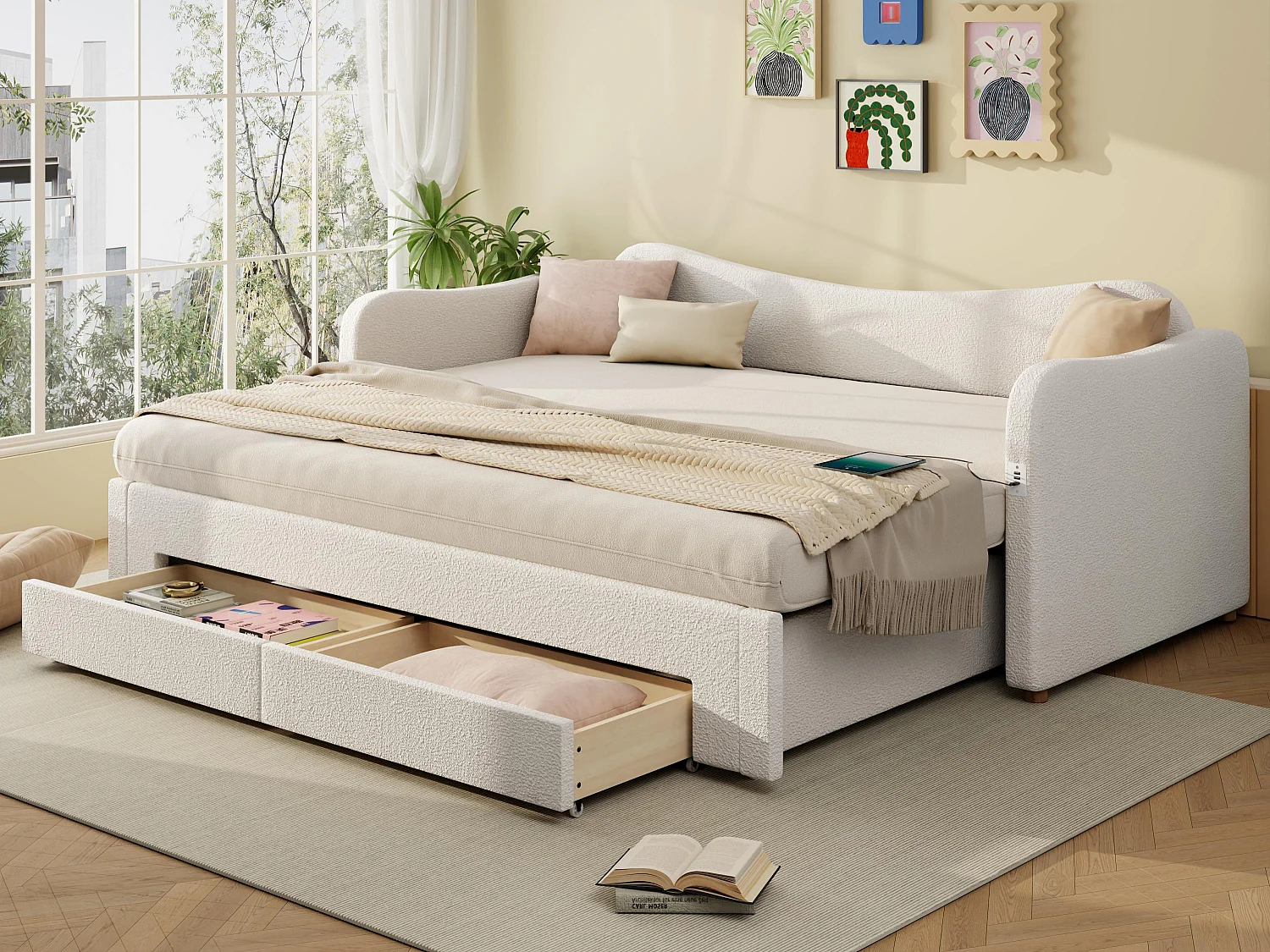 Divano letto imbottito 90x200cm - con letto a scomparsa - 2 cassetti di riporre - Porta USB - Tessuto bouclé - Beige​ (senza materasso)