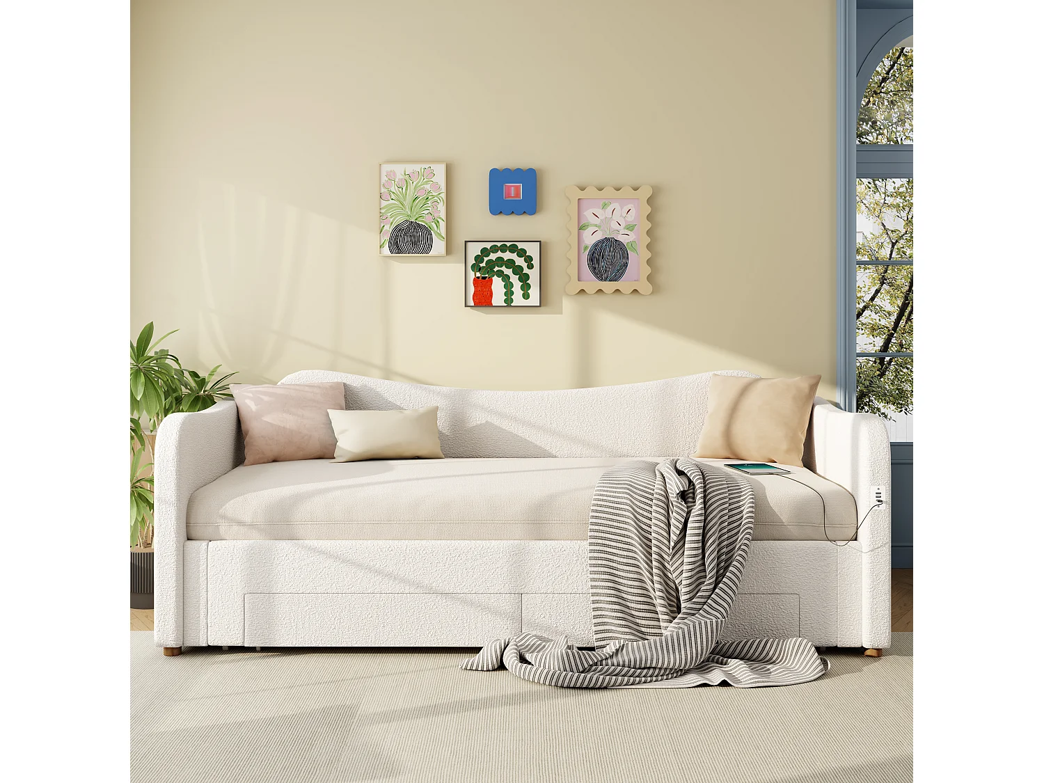 Divano letto imbottito 90x200cm - con letto a scomparsa - 2 cassetti di riporre - Porta USB - Tessuto bouclé - Beige​ (senza materasso)
