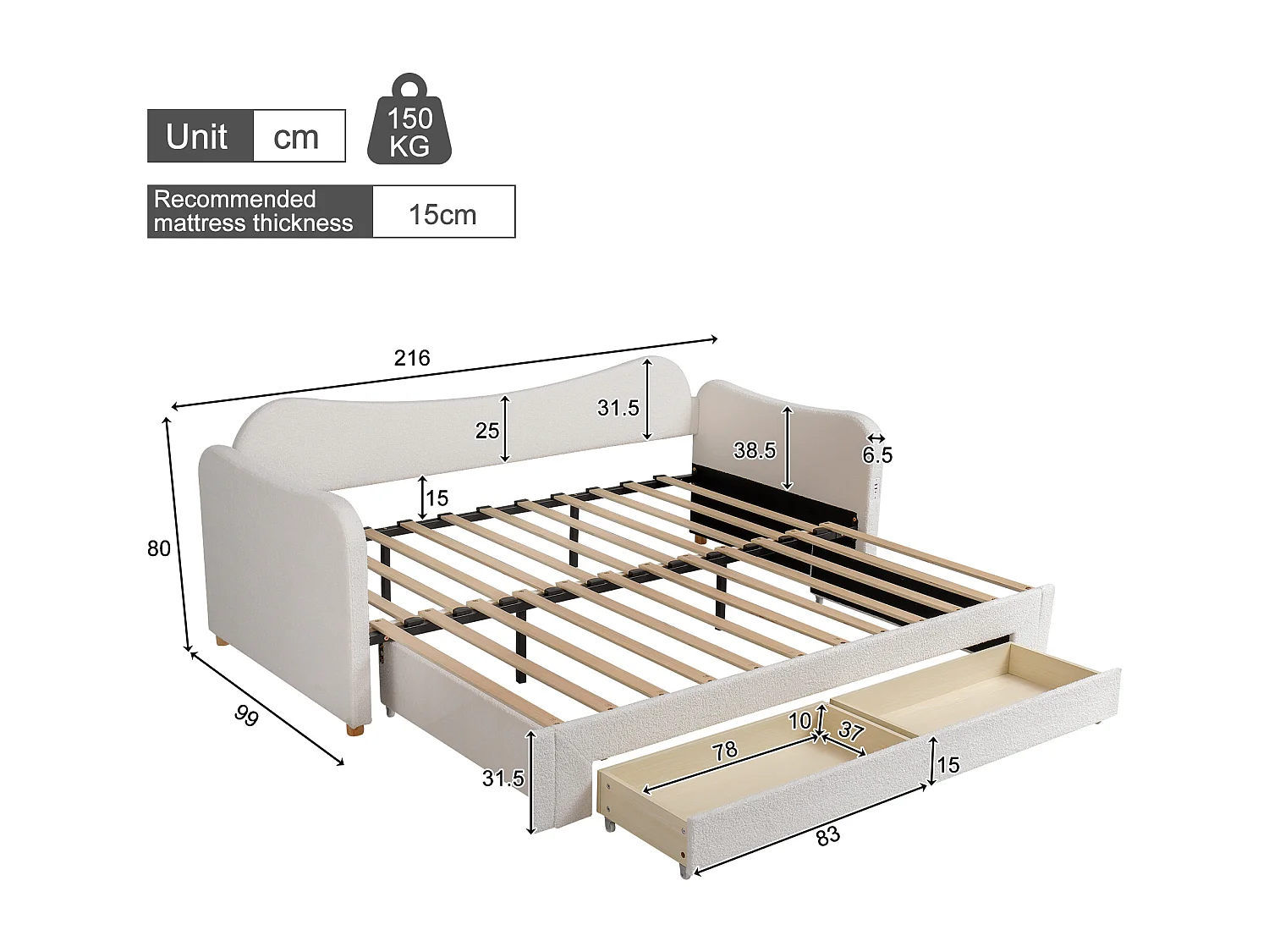 Divano letto imbottito 90x200cm - con letto a scomparsa - 2 cassetti di riporre - Porta USB - Tessuto bouclé - Beige​ (senza materasso)